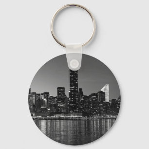 Black White New York City Skyscapers Silhouette Key Ring