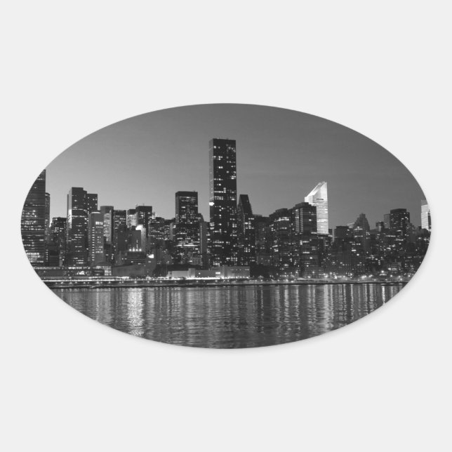 Black White New York City Skyscapers Silhouette Oval Sticker (Front)