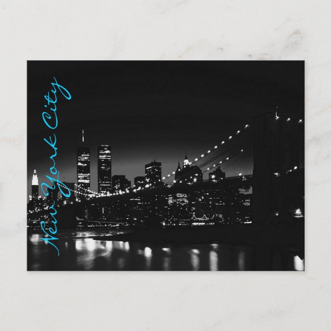 Black White New York Night Blue Script Postcard (Front)