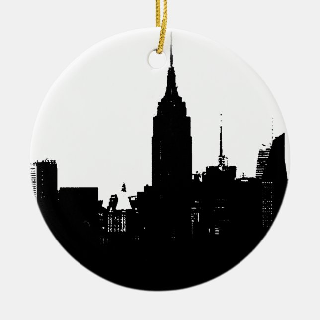 Black White New York Silhouette Ceramic Tree Decoration (Front)