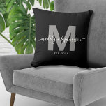 Black White Newlywed Couple Name Monogram Cushion<br><div class="desc">Personalised Black and White Newlywed Couple’s Monogram Throw Pillow with Year Established. This elegant throw pillow is the perfect keepsake for a new couple, featuring their two first names in stylish white script calligraphy over a bold grey last name initial on a sleek black background. Below, the "established" year adds...</div>