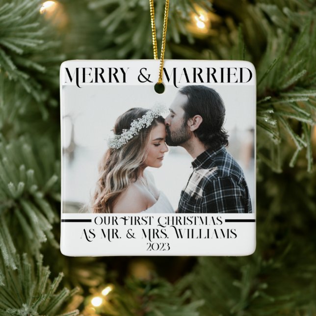 Black & White Newlyweds Mr & Mrs 1 Photo Christmas Ceramic Ornament (Tree)