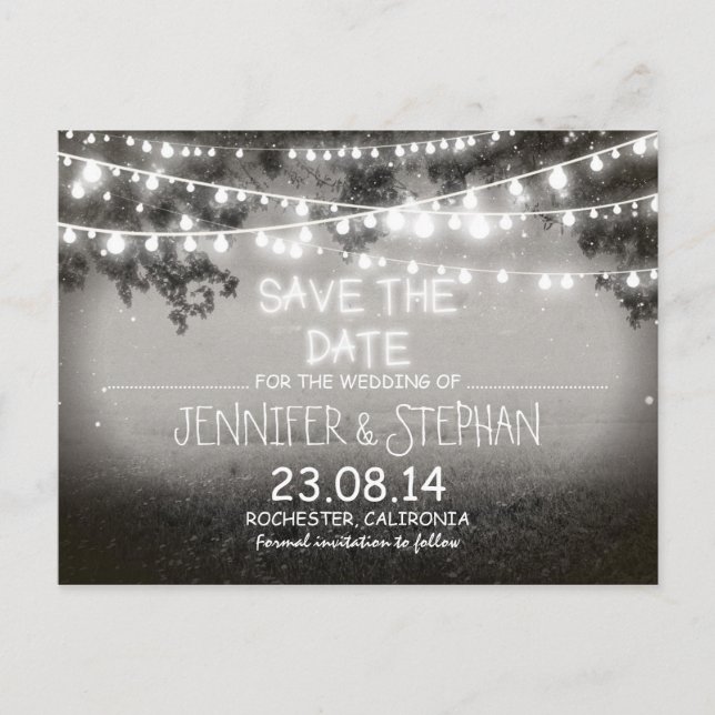 black & white night lights romantic save the date announcement postcard (Front)