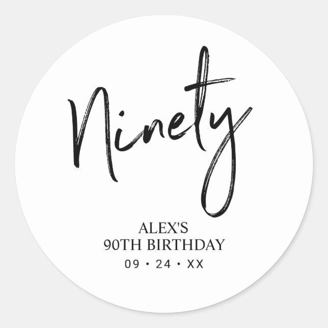 Black & White Ninety 90th Birthday Party Favour Classic Round Sticker (Front)