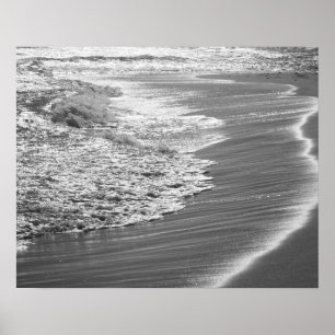 Black & White Ocean Washing Up On the Beach 16x20 Poster