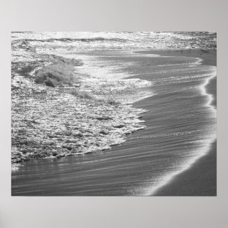 Black & White Ocean Washing Up On the Beach 16x20 Poster