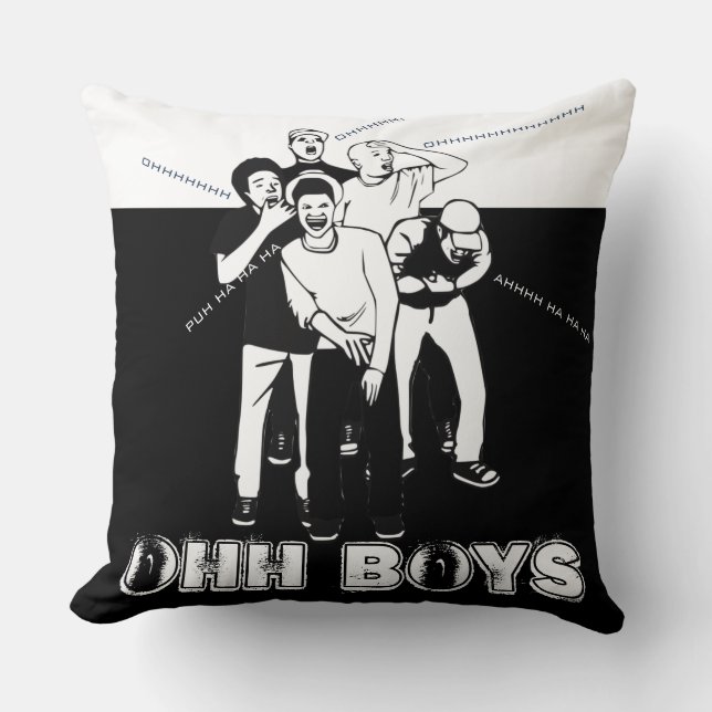 black white OHH BOYS Crack Up Laughing Cushion (Front)