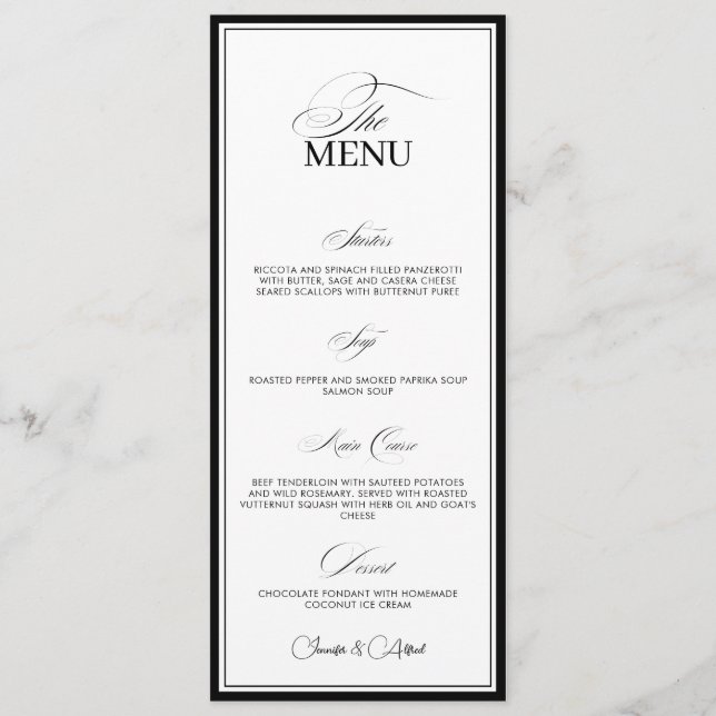 Black & White Old Money Wedding Dinner Menu Card (Front)