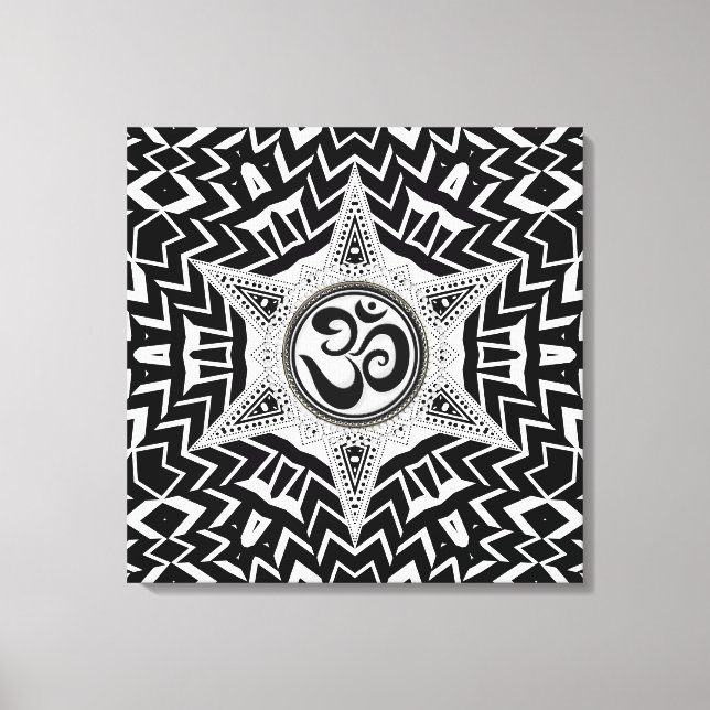 Black+White Om Star Trip Mandala Canvas Print (Front)
