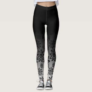 Black & White Ombre Floral Graphic Pattern Leggings