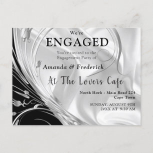 Black - White  on Champagne Silk Engagement Invitation Postcard