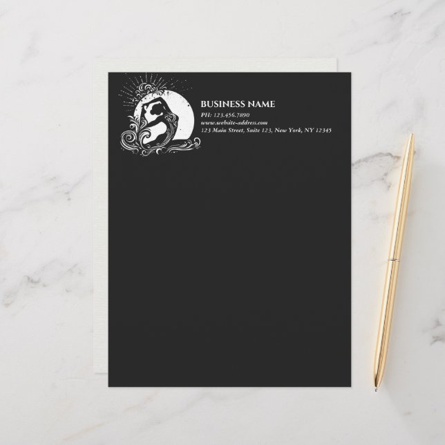 Black White One-legged King Pigeon Yoga Pose Logo Custom Letterhead (Front/Back In Situ)