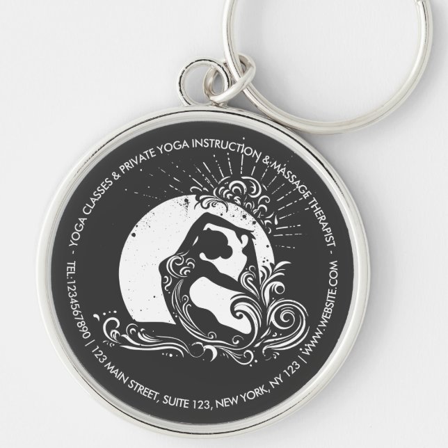 Black White One-legged King Pigeon Yoga Pose Logo Key Ring (Front)