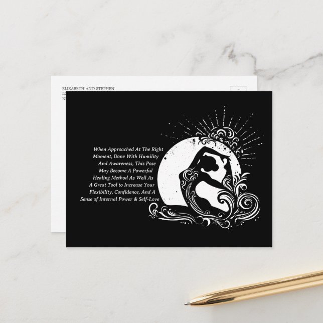 Black White One-legged King Pigeon Yoga Pose Logo Postcard (Front/Back In Situ)