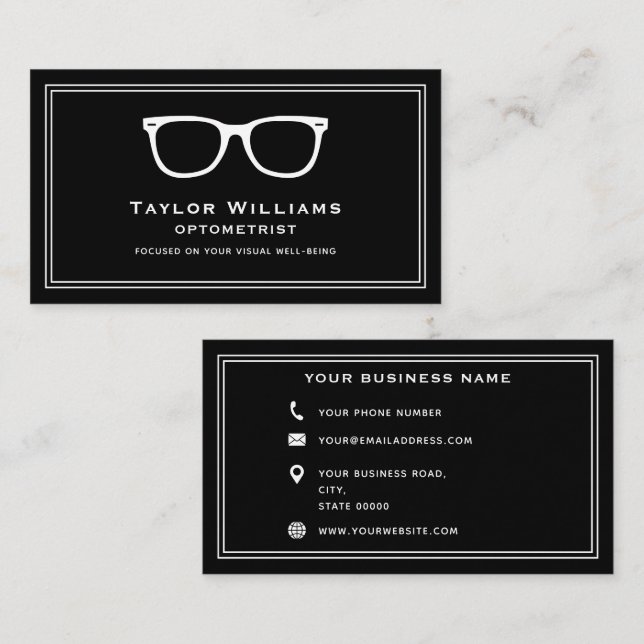 Black White Optometrist Optician Ophthalmologist Business Card (Front/Back)