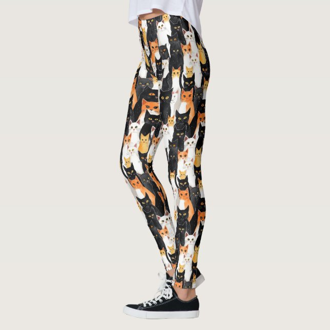 Black White Orange Cats Leggings (Left)
