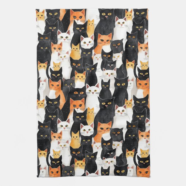 Black White Orange Cats Tea Towel (Vertical)