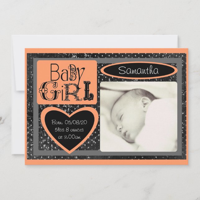 Black white orange custom baby photo announcements (Front)