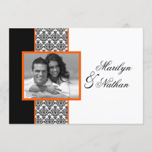 Black White Orange Damask Photo Wedding Invite