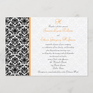 Black, White, Orange Damask Wedding Invitation