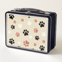 black, white & orange dog paw print metal lunchbox