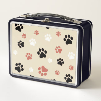 black, white & orange dog paw print metal lunchbox