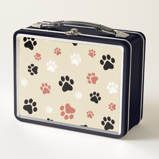black, white & orange dog paw print metal lunchbox (Front)