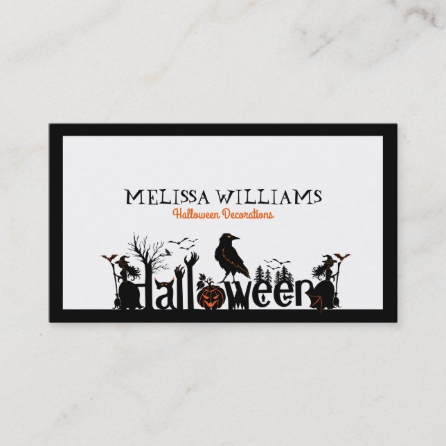 Black White & Orange Halloween Typography Business Card (Front)