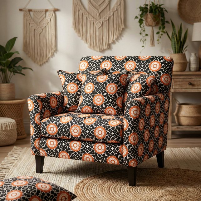 Black White Orange Mosaic Moroccan Geometric Fabric (Creator Uploaded)