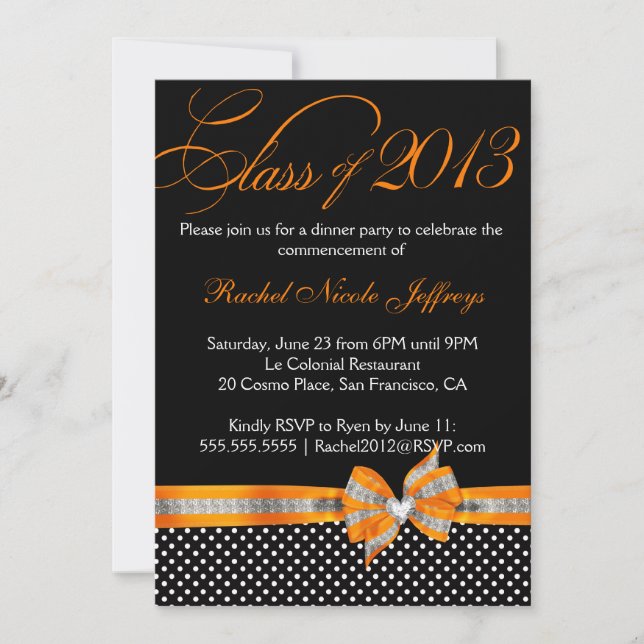 Black White Orange Polka Dot Graduation Invitation (Front)