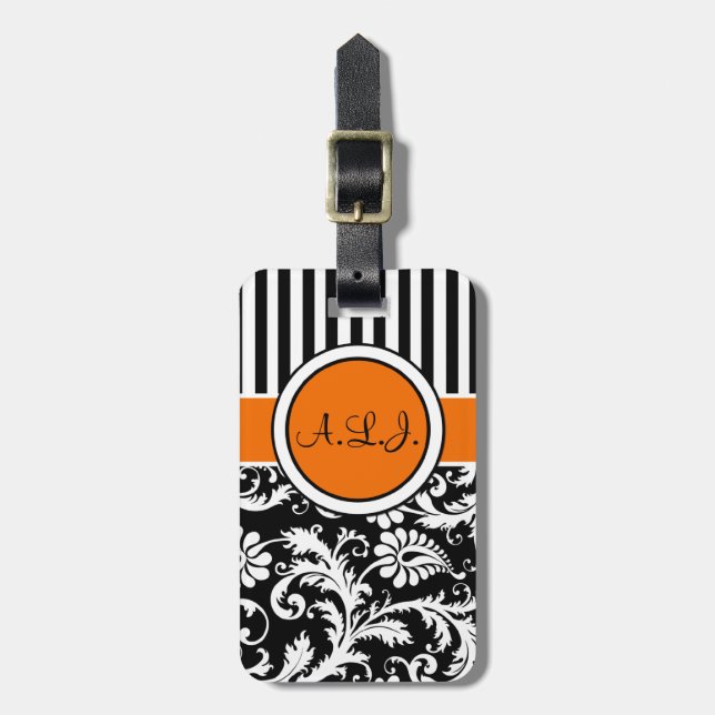 Black, White, Orange Striped Damask Luggage Tag (Front Vertical)