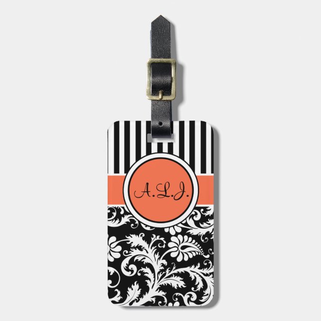 Black, White, Orange Striped Damask Luggage Tag (Front Vertical)