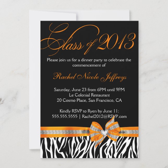 Black White Orange Zebra Graduation Invitation (Front)
