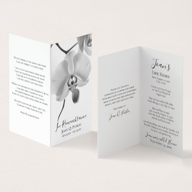 Black White Orchid on Stem Funeral Memorial Prayer Business Card (Inside and Outside)