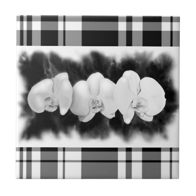 Black White Orchid painting tropical floral   Tile (Front)