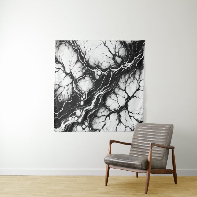 Black & White Organic Marble Flow Tapestry (In Situ)
