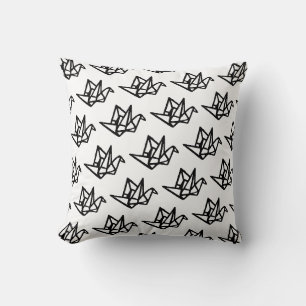 Black & White Origami Paper Crane Linocut Cushion