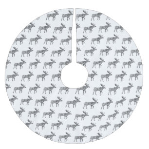 Black & White Ornamental Walking Moose Silhouette Brushed Polyester Tree Skirt