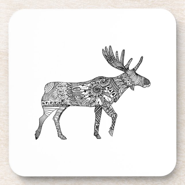 Black & White Ornamental Walking Moose Silhouette Coaster (Front)