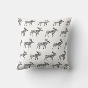 Black & White Ornamental Walking Moose Silhouette Cushion