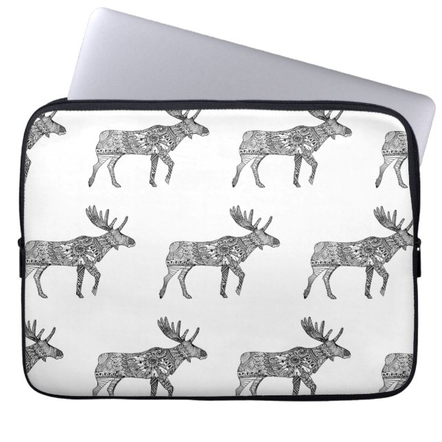 Black & White Ornamental Walking Moose Silhouette Laptop Sleeve (Front)