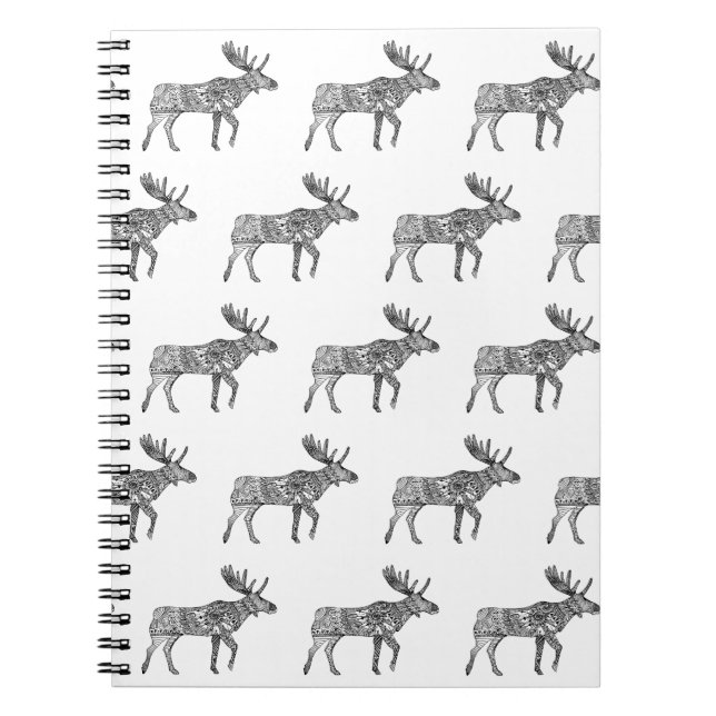 Black & White Ornamental Walking Moose Silhouette Notebook (Front)
