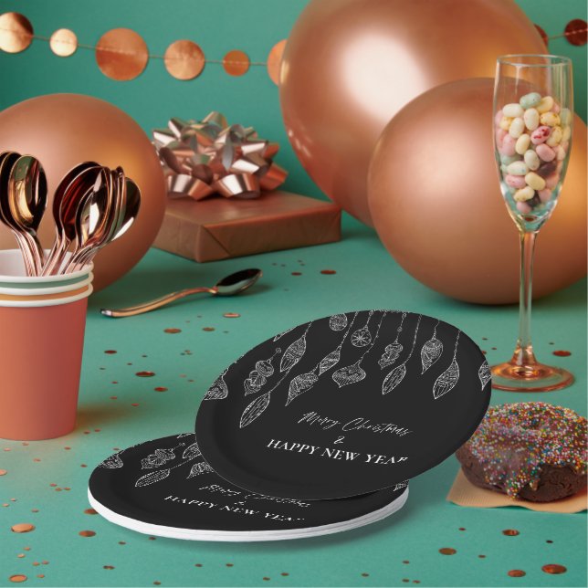Black White Ornaments Christmas New Year Party Paper Plate (Multi)