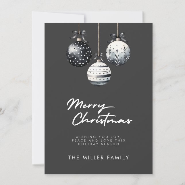 Black White Ornaments Minimalist Christmas Card (Front)
