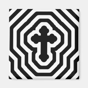 Black & White Ornate Cross with Concentric Stripes Magnet