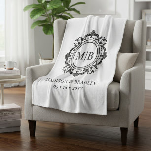 Black White Ornate Floral Monogram Wedding Gift Fleece Blanket