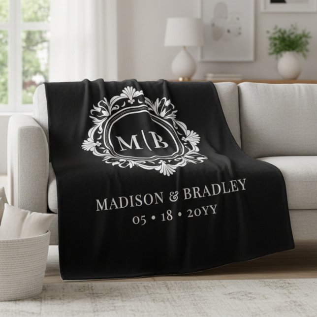 Black White Ornate Floral Monogram Wedding Gift Fleece Blanket (Creator Uploaded)