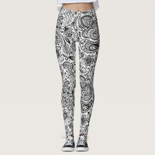 Black & White Ornate Floral Paisley Pattern Leggings