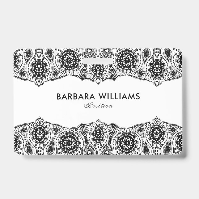 Black & White Ornate Lace Border ID Badge (Front)