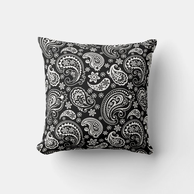 Black & WHite Ornate Paisley Pattern Cushion (Front)
